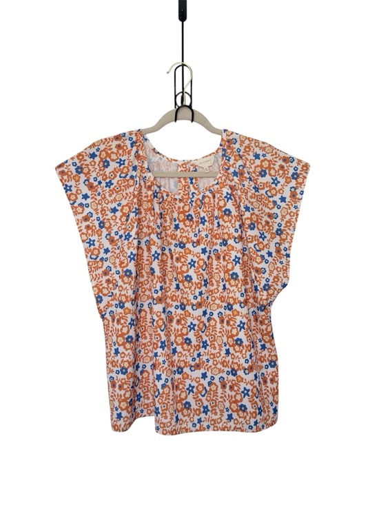 MELLODAY Tops - Melloday XL‎ Orange Blue Floral Ditsy Floral Flutter Sleeves 70s Inspired Blouse